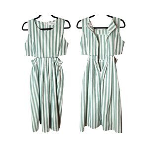 BRILLANT.MLLE Korean White Green Stripe Cut Out Cotton Blend Midi Dress Large